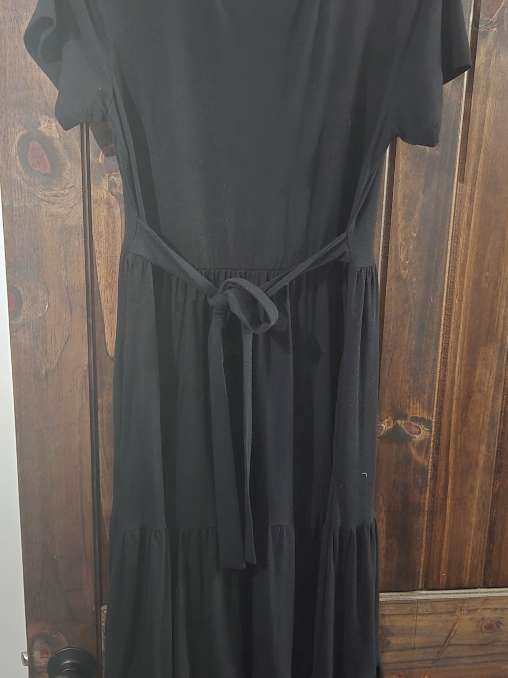 Black Short-Sleeve Tiered Midi Dress with Waist Tie Belt